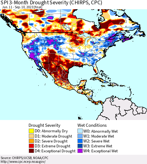 North America SPI 3-Month Drought Severity (CHIRPS) Thematic Map For 6/11/2023 - 9/10/2023
