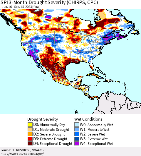 North America SPI 3-Month Drought Severity (CHIRPS) Thematic Map For 6/16/2023 - 9/15/2023