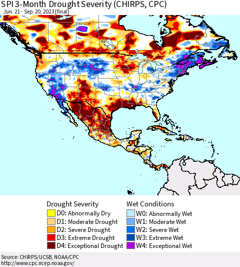 North America SPI 3-Month Drought Severity (CHIRPS) Thematic Map For 6/21/2023 - 9/20/2023