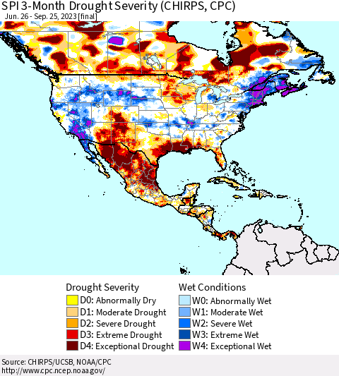 North America SPI 3-Month Drought Severity (CHIRPS) Thematic Map For 6/26/2023 - 9/25/2023