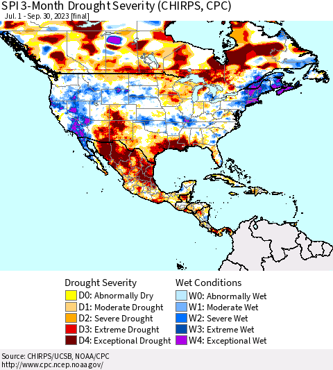 North America SPI 3-Month Drought Severity (CHIRPS) Thematic Map For 7/1/2023 - 9/30/2023