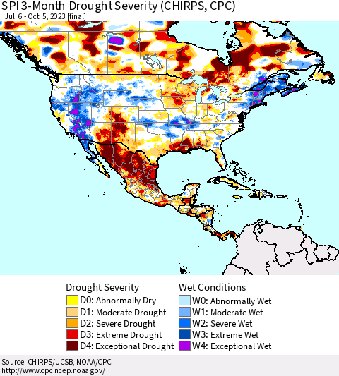 North America SPI 3-Month Drought Severity (CHIRPS) Thematic Map For 7/6/2023 - 10/5/2023