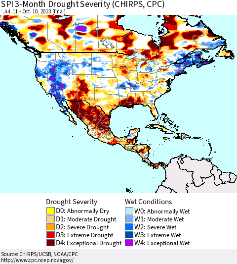 North America SPI 3-Month Drought Severity (CHIRPS) Thematic Map For 7/11/2023 - 10/10/2023