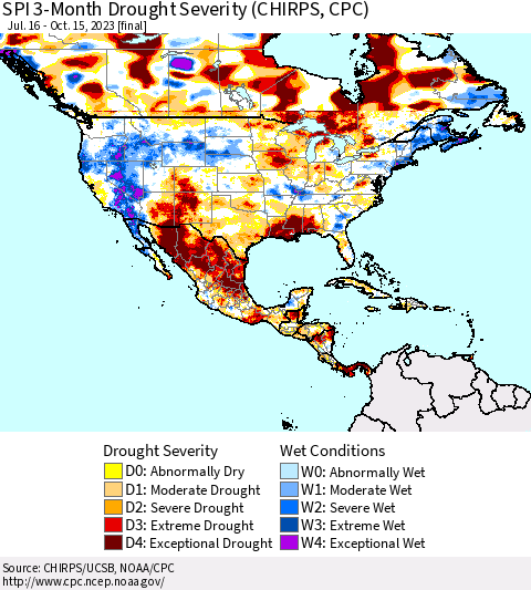 North America SPI 3-Month Drought Severity (CHIRPS) Thematic Map For 7/16/2023 - 10/15/2023