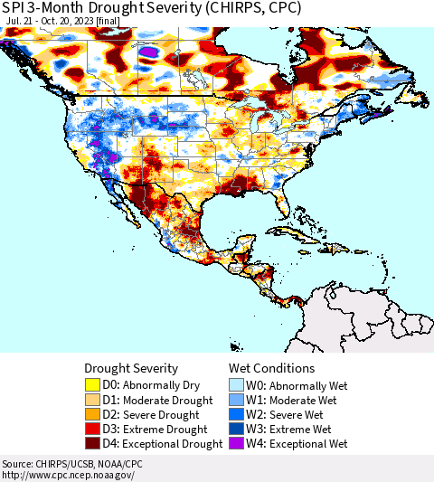 North America SPI 3-Month Drought Severity (CHIRPS) Thematic Map For 7/21/2023 - 10/20/2023