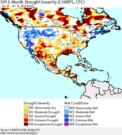North America SPI 3-Month Drought Severity (CHIRPS) Thematic Map For 7/26/2023 - 10/25/2023