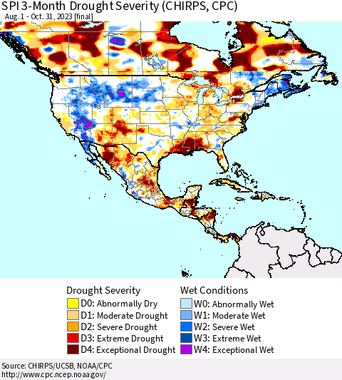 North America SPI 3-Month Drought Severity (CHIRPS) Thematic Map For 8/1/2023 - 10/31/2023