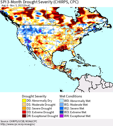 North America SPI 3-Month Drought Severity (CHIRPS) Thematic Map For 8/6/2023 - 11/5/2023