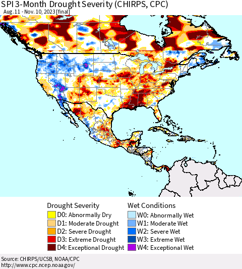North America SPI 3-Month Drought Severity (CHIRPS) Thematic Map For 8/11/2023 - 11/10/2023