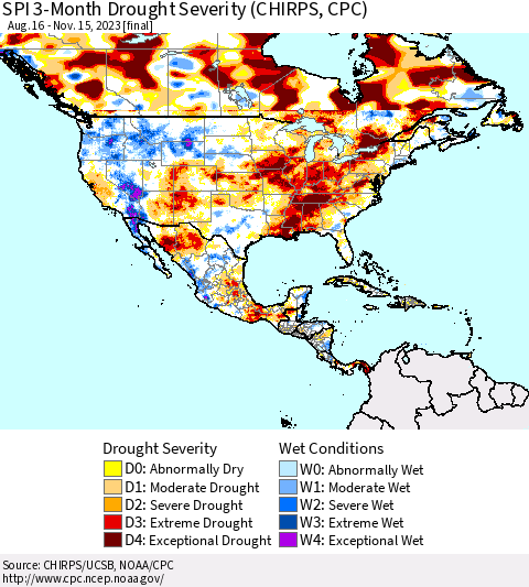 North America SPI 3-Month Drought Severity (CHIRPS) Thematic Map For 8/16/2023 - 11/15/2023
