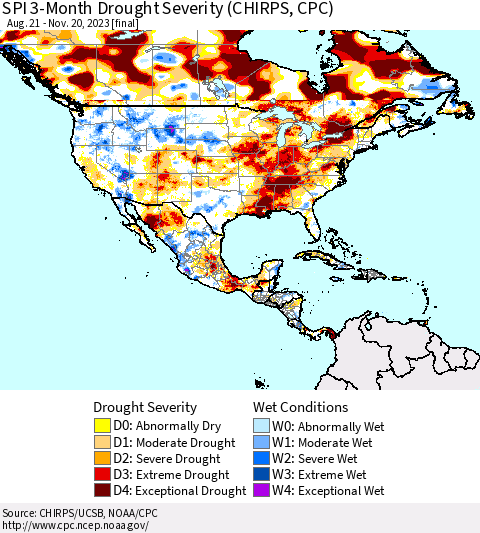 North America SPI 3-Month Drought Severity (CHIRPS) Thematic Map For 8/21/2023 - 11/20/2023