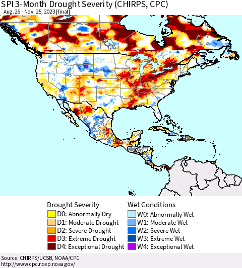 North America SPI 3-Month Drought Severity (CHIRPS) Thematic Map For 8/26/2023 - 11/25/2023