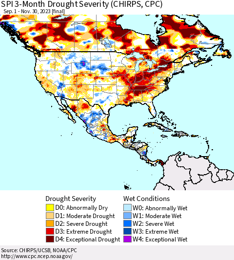 North America SPI 3-Month Drought Severity (CHIRPS) Thematic Map For 9/1/2023 - 11/30/2023