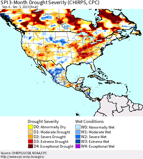 North America SPI 3-Month Drought Severity (CHIRPS) Thematic Map For 9/6/2023 - 12/5/2023