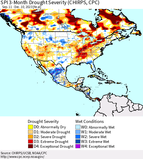North America SPI 3-Month Drought Severity (CHIRPS) Thematic Map For 9/11/2023 - 12/10/2023