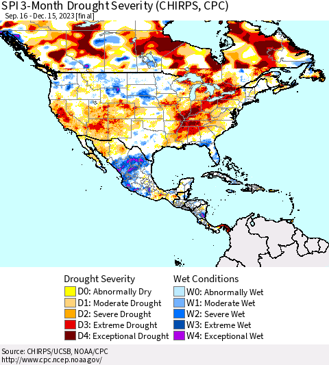 North America SPI 3-Month Drought Severity (CHIRPS) Thematic Map For 9/16/2023 - 12/15/2023