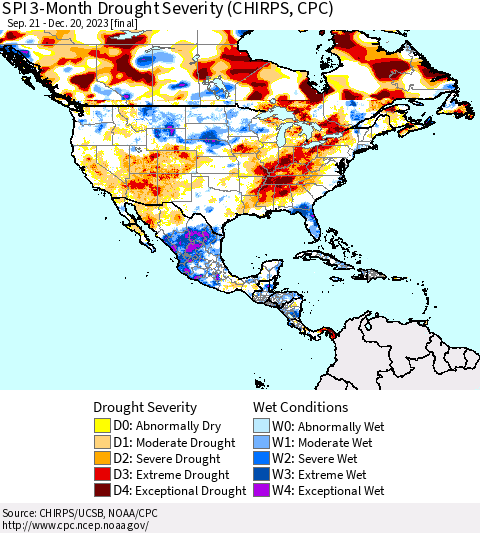 North America SPI 3-Month Drought Severity (CHIRPS) Thematic Map For 9/21/2023 - 12/20/2023