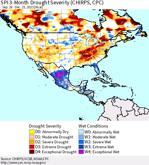 North America SPI 3-Month Drought Severity (CHIRPS) Thematic Map For 9/26/2023 - 12/25/2023
