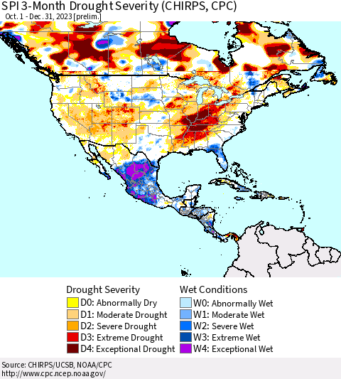 North America SPI 3-Month Drought Severity (CHIRPS) Thematic Map For 10/1/2023 - 12/31/2023
