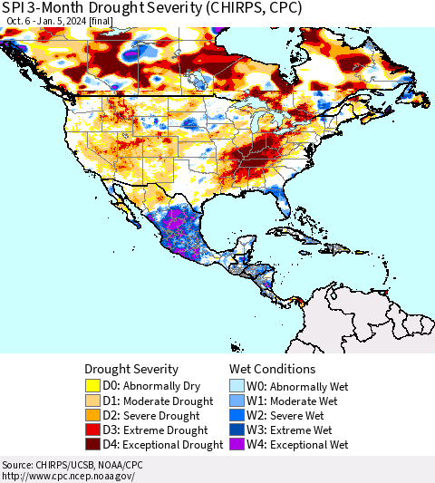 North America SPI 3-Month Drought Severity (CHIRPS) Thematic Map For 10/6/2023 - 1/5/2024
