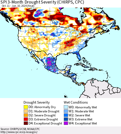 North America SPI 3-Month Drought Severity (CHIRPS) Thematic Map For 10/11/2023 - 1/10/2024