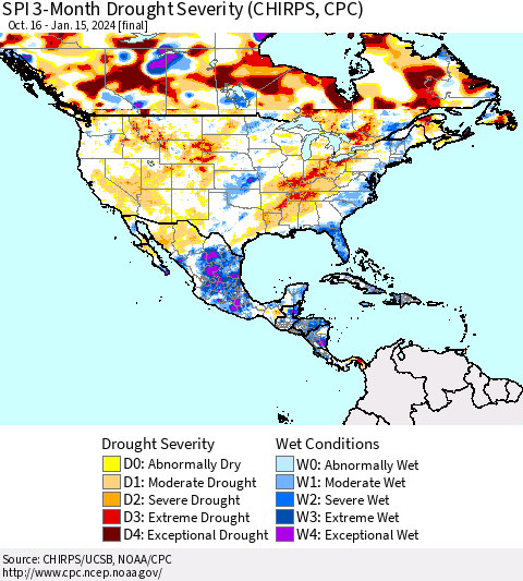 North America SPI 3-Month Drought Severity (CHIRPS) Thematic Map For 10/16/2023 - 1/15/2024