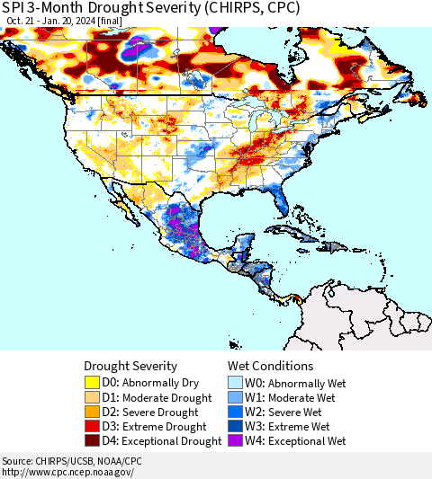 North America SPI 3-Month Drought Severity (CHIRPS) Thematic Map For 10/21/2023 - 1/20/2024