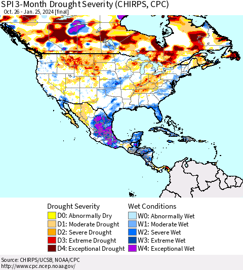 North America SPI 3-Month Drought Severity (CHIRPS) Thematic Map For 10/26/2023 - 1/25/2024