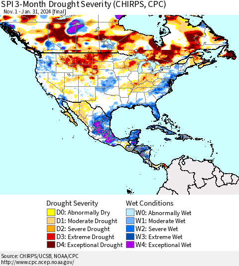 North America SPI 3-Month Drought Severity (CHIRPS) Thematic Map For 11/1/2023 - 1/31/2024