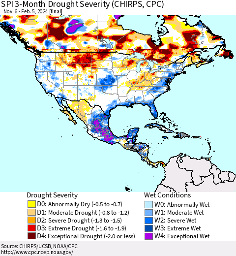 North America SPI 3-Month Drought Severity (CHIRPS) Thematic Map For 11/6/2023 - 2/5/2024