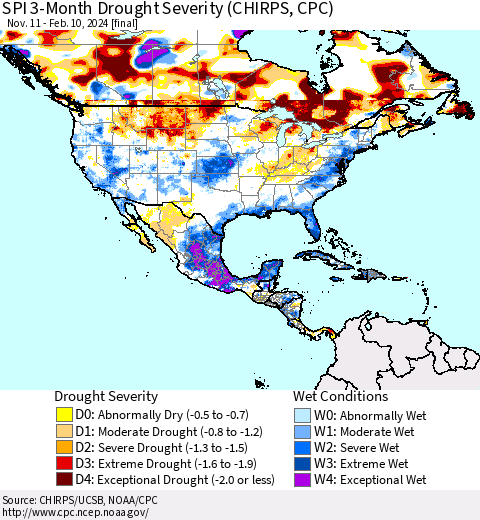 North America SPI 3-Month Drought Severity (CHIRPS) Thematic Map For 11/11/2023 - 2/10/2024