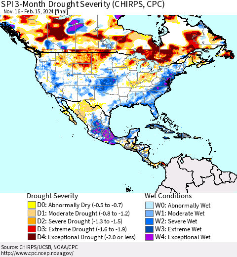 North America SPI 3-Month Drought Severity (CHIRPS) Thematic Map For 11/16/2023 - 2/15/2024
