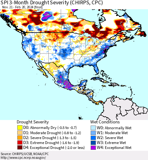 North America SPI 3-Month Drought Severity (CHIRPS) Thematic Map For 11/21/2023 - 2/20/2024