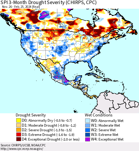 North America SPI 3-Month Drought Severity (CHIRPS) Thematic Map For 11/26/2023 - 2/25/2024