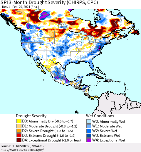 North America SPI 3-Month Drought Severity (CHIRPS) Thematic Map For 12/1/2023 - 2/29/2024