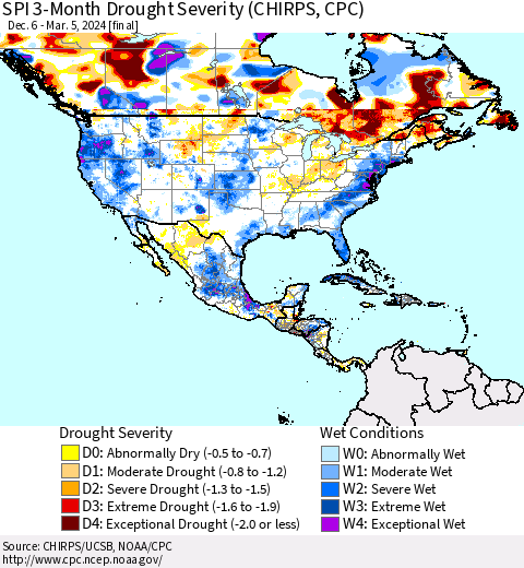 North America SPI 3-Month Drought Severity (CHIRPS) Thematic Map For 12/6/2023 - 3/5/2024