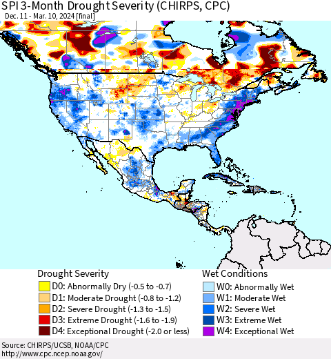 North America SPI 3-Month Drought Severity (CHIRPS) Thematic Map For 12/11/2023 - 3/10/2024