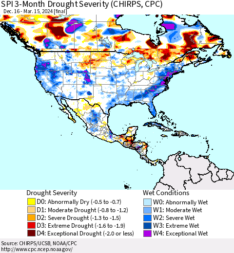 North America SPI 3-Month Drought Severity (CHIRPS) Thematic Map For 12/16/2023 - 3/15/2024