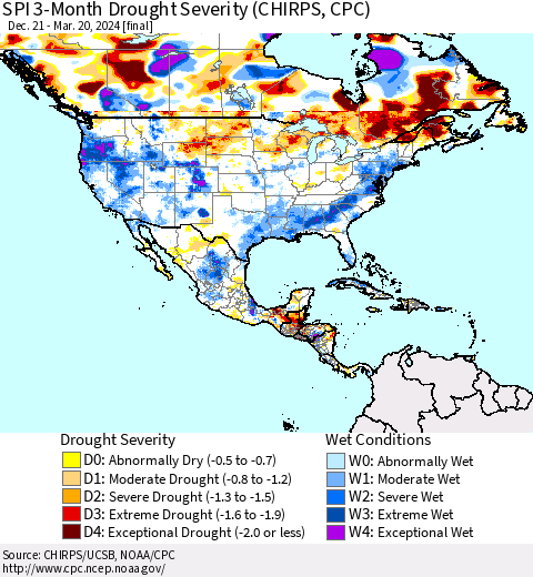 North America SPI 3-Month Drought Severity (CHIRPS) Thematic Map For 12/21/2023 - 3/20/2024