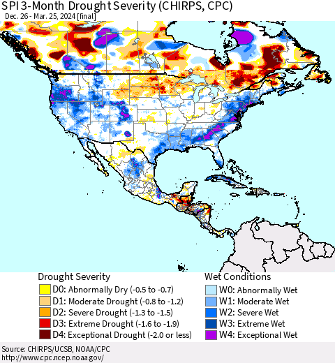 North America SPI 3-Month Drought Severity (CHIRPS) Thematic Map For 12/26/2023 - 3/25/2024