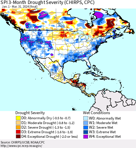 North America SPI 3-Month Drought Severity (CHIRPS) Thematic Map For 1/1/2024 - 3/31/2024