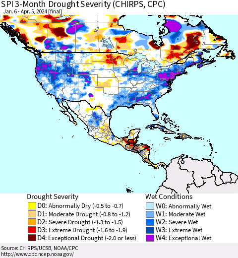 North America SPI 3-Month Drought Severity (CHIRPS) Thematic Map For 1/6/2024 - 4/5/2024