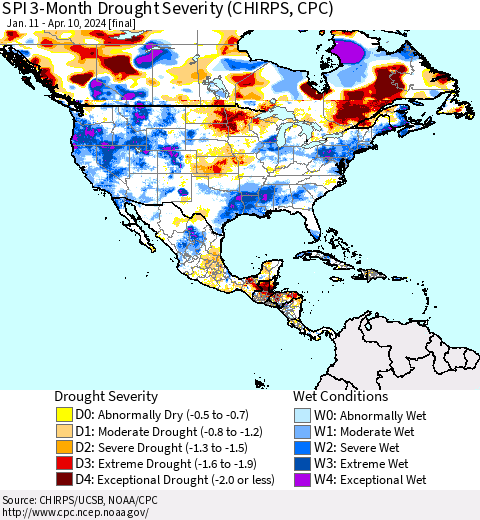 North America SPI 3-Month Drought Severity (CHIRPS) Thematic Map For 1/11/2024 - 4/10/2024