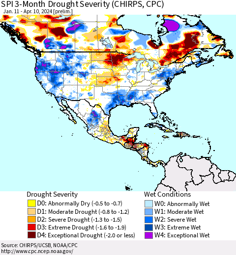 North America SPI 3-Month Drought Severity (CHIRPS) Thematic Map For 1/11/2024 - 4/10/2024
