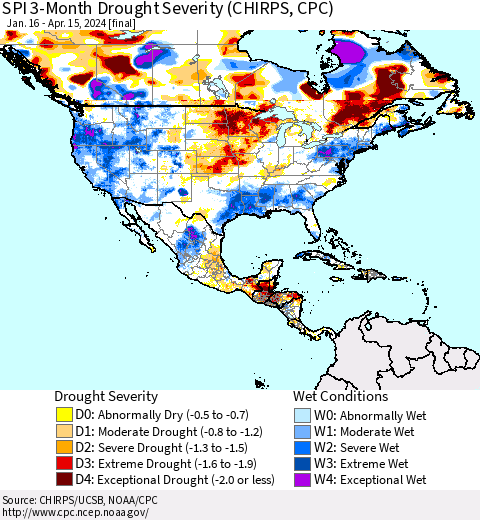 North America SPI 3-Month Drought Severity (CHIRPS) Thematic Map For 1/16/2024 - 4/15/2024
