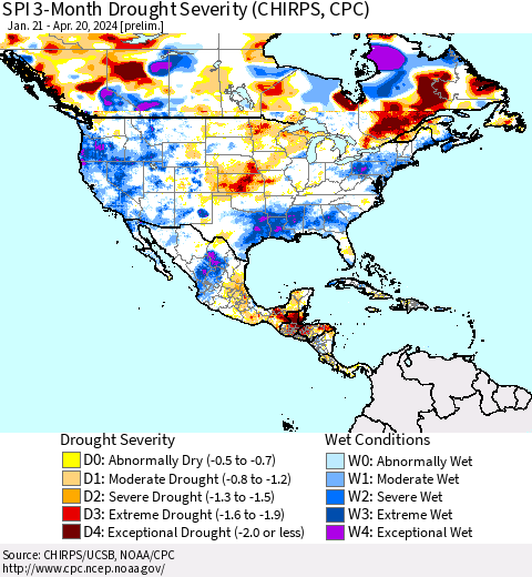 North America SPI 3-Month Drought Severity (CHIRPS) Thematic Map For 1/21/2024 - 4/20/2024