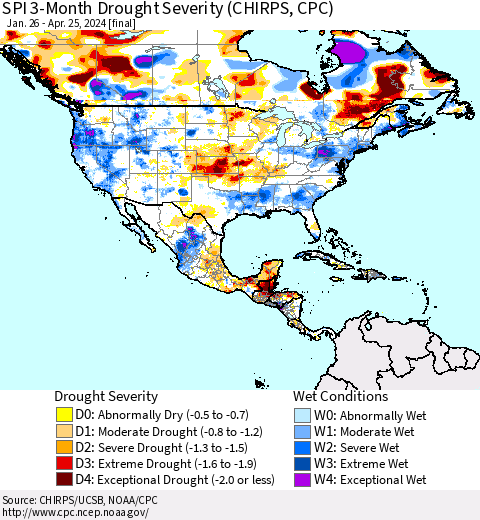 North America SPI 3-Month Drought Severity (CHIRPS) Thematic Map For 1/26/2024 - 4/25/2024