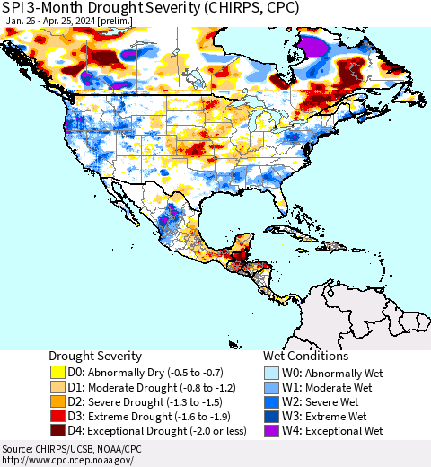 North America SPI 3-Month Drought Severity (CHIRPS) Thematic Map For 1/26/2024 - 4/25/2024