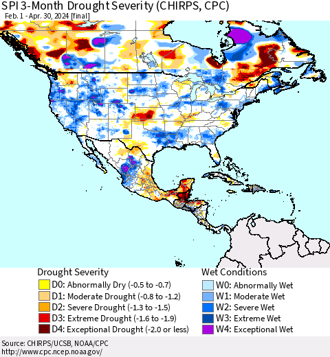 North America SPI 3-Month Drought Severity (CHIRPS) Thematic Map For 2/1/2024 - 4/30/2024