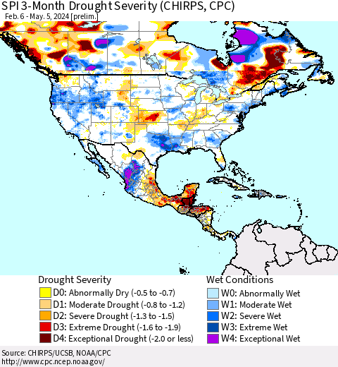 North America SPI 3-Month Drought Severity (CHIRPS) Thematic Map For 2/6/2024 - 5/5/2024